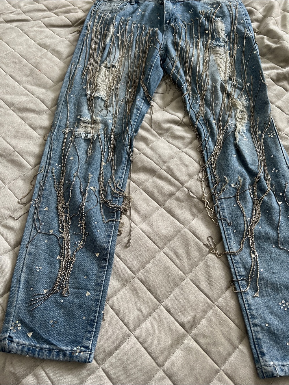 Beaded Distressed Blue Denim Jeans